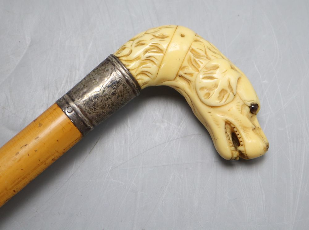 A Victorian ivory hounds head handle walking cane